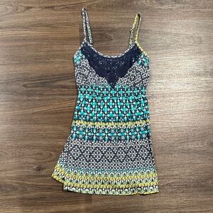Multicolor Green Blue Yellow Patterned Tunic Tank Spaghetti Strap Top